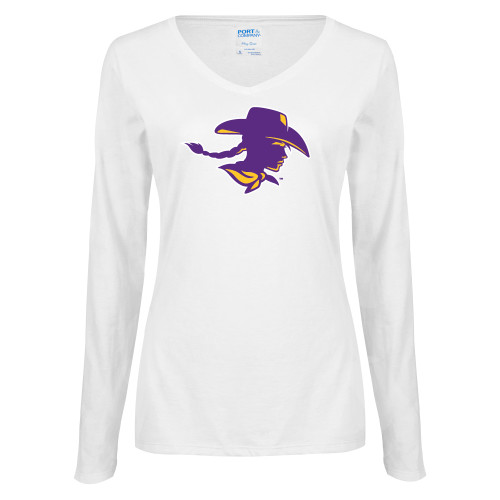  Womens White Long Sleeve V Neck Tee - Cowgirl Head