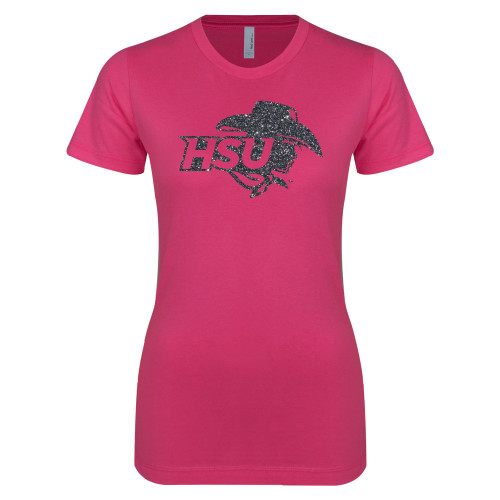  Next Level Womens Fuchsia Boyfriend Tee - HSU Cowgirl Graphite Glitter