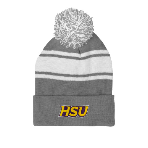  Grey/White Two Tone Knit Pom Beanie w/Cuff - HSU