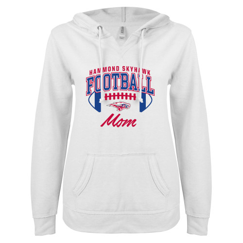  ENZA Womens White V Notch Raw Edge Fleece Hoodie - Hammond Skyhawk Football Mom