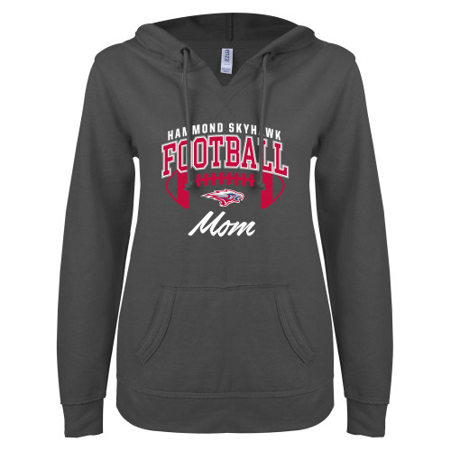  ENZA Womens Dark Heather V Notch Raw Edge Fleece Hoodie - Hammond Skyhawk Football Mom