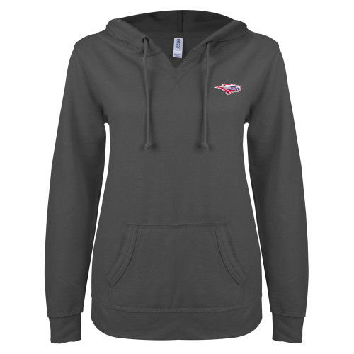 ENZA Womens Dark Heather V Notch Raw Edge Fleece Hoodie - Gear Skyhawk