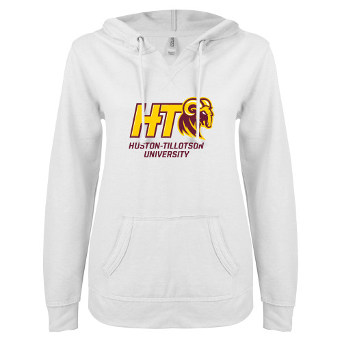  ENZA Womens White V Notch Raw Edge Fleece Hoodie - H-T University