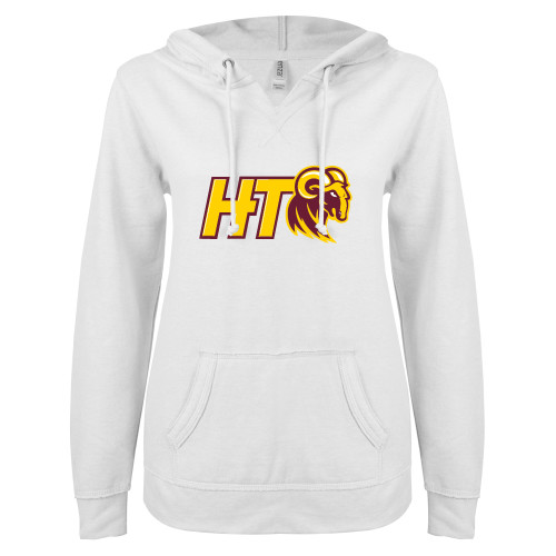 Huston Tillotson ENZA Womens White V Notch Raw Edge Fleece Hoodie