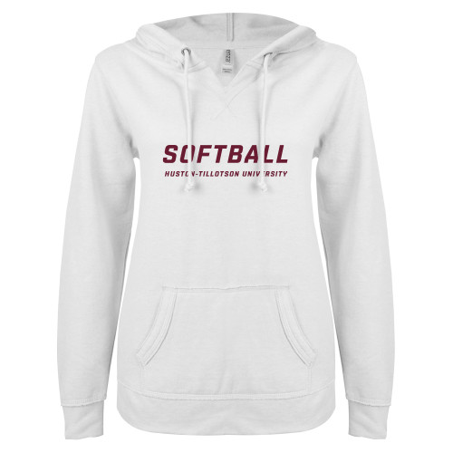  ENZA Womens White V Notch Raw Edge Fleece Hoodie - Softball