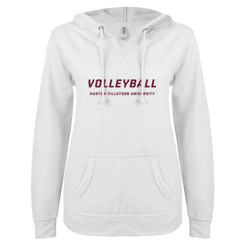  ENZA Womens White V Notch Raw Edge Fleece Hoodie - Volleyball