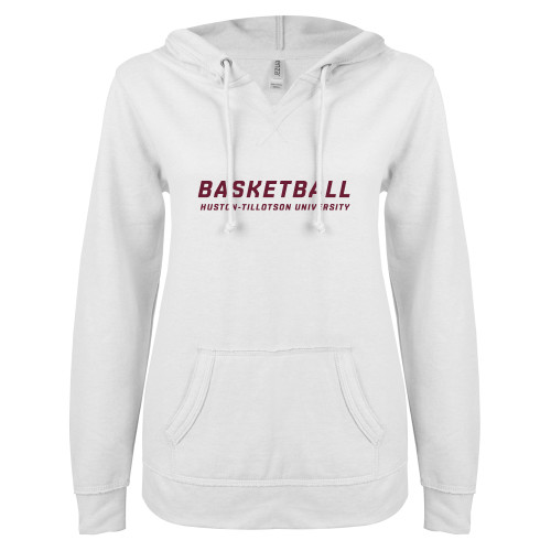  ENZA Womens White V Notch Raw Edge Fleece Hoodie - Basketball
