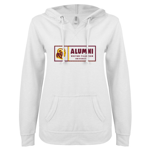  ENZA Womens White V Notch Raw Edge Fleece Hoodie - Alumni