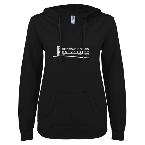  ENZA Womens Black V Notch Raw Edge Fleece Hoodie - Institutional Mark