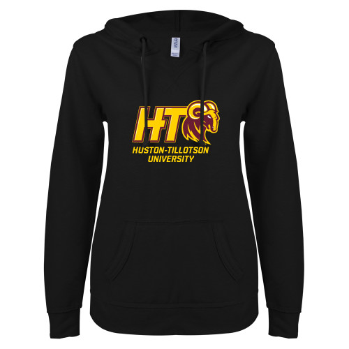  ENZA Womens Black V Notch Raw Edge Fleece Hoodie - H-T University