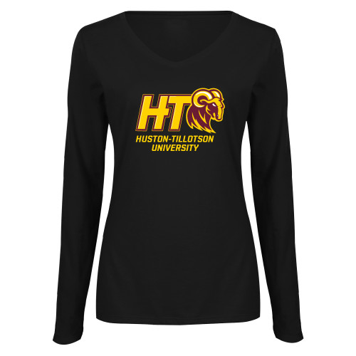  Womens Black Long Sleeve V Neck Tee  - H-T University