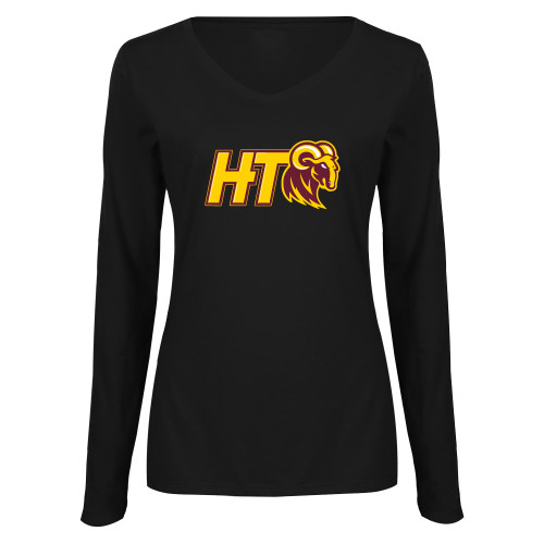  Womens Black Long Sleeve V Neck Tee  - Primary Athletic Mark