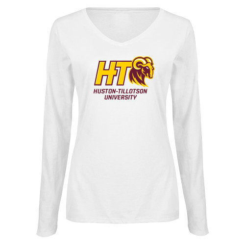  Womens White Long Sleeve V Neck Tee - H-T University