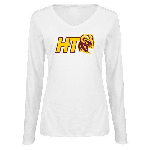  Womens White Long Sleeve V Neck Tee - Primary Athletic Mark