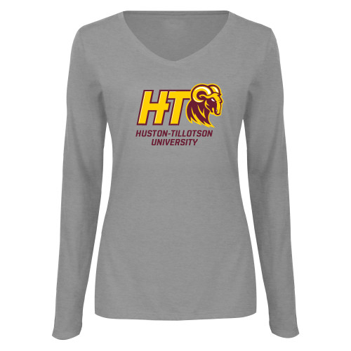  Womens Grey Long Sleeve V Neck Tee  - H-T University