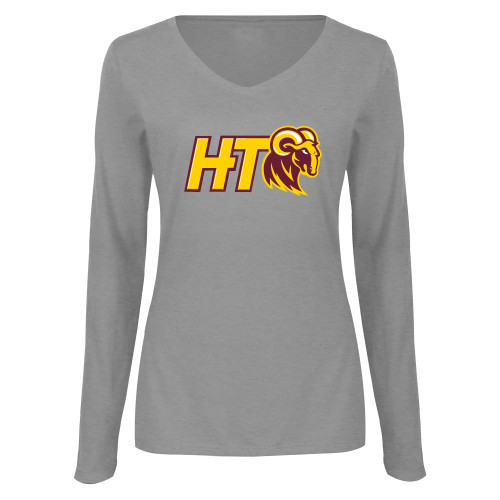  Womens Grey Long Sleeve V Neck Tee  - Primary Athletic Mark