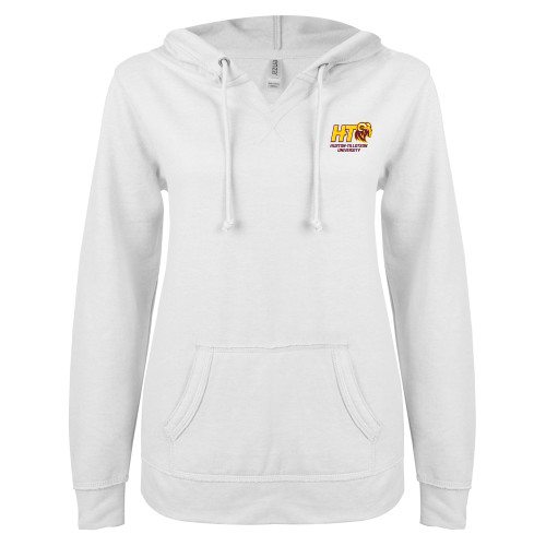  ENZA Womens White V Notch Raw Edge Fleece Hoodie - H-T University
