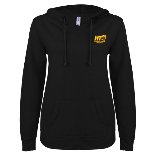  ENZA Womens Black V Notch Raw Edge Fleece Hoodie - H-T University