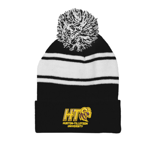  Black/White Two Tone Knit Pom Beanie w/Cuff - H-T University