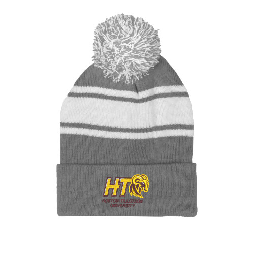  Grey/White Two Tone Knit Pom Beanie w/Cuff - H-T University