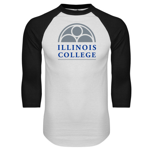  White/Black Raglan Baseball T Shirt - Collegiate Logo Vertical