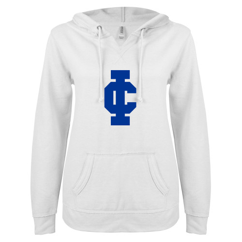  ENZA Womens White V Notch Raw Edge Fleece Hoodie - IC Athletic Logo