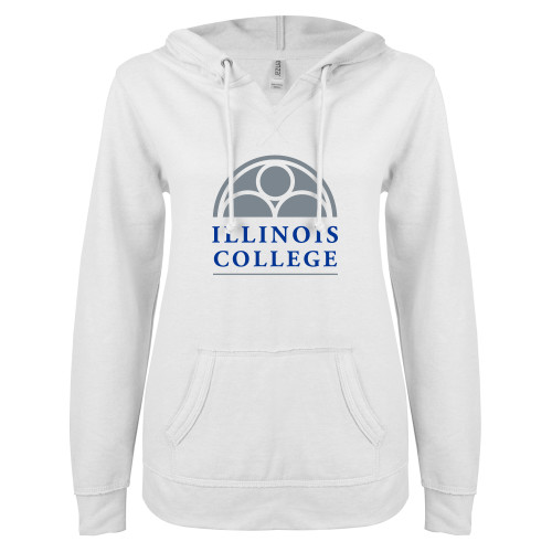  ENZA Womens White V Notch Raw Edge Fleece Hoodie - Collegiate Logo Vertical