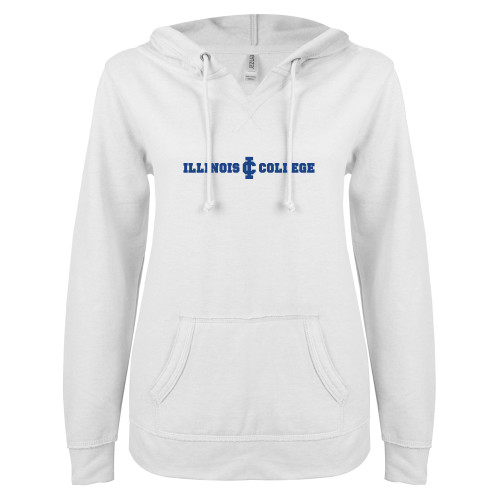  ENZA Womens White V Notch Raw Edge Fleece Hoodie - Long Athletic Logo