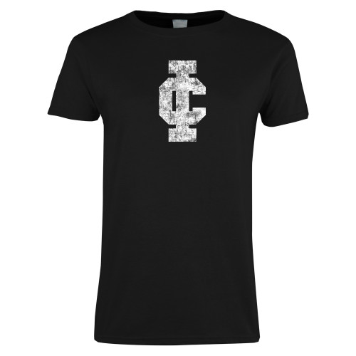  Womens Black Short Sleeve Tee - IC Athletic Logo Distressed