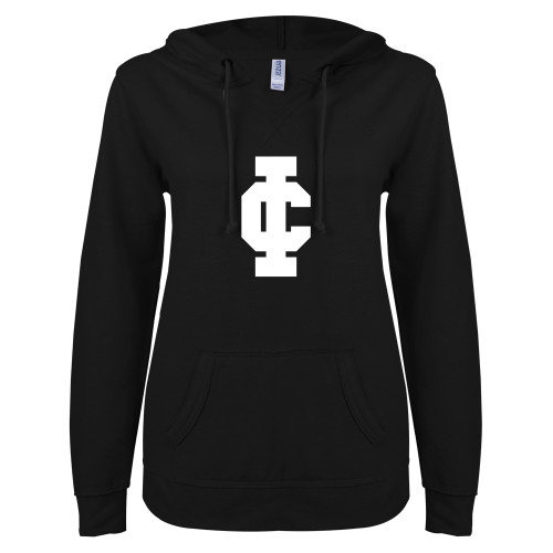  ENZA Womens Black V Notch Raw Edge Fleece Hoodie - IC Athletic Logo