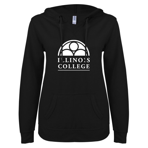  ENZA Womens Black V Notch Raw Edge Fleece Hoodie - Collegiate Logo Vertical