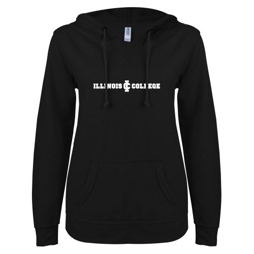  ENZA Womens Black V Notch Raw Edge Fleece Hoodie - Long Athletic Logo