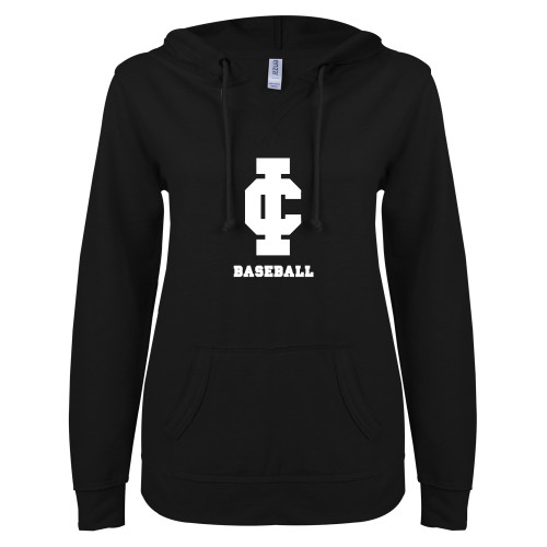  ENZA Womens Black V Notch Raw Edge Fleece Hoodie - Baseball