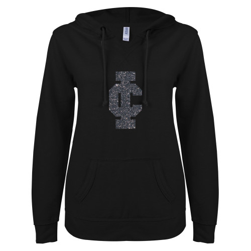  ENZA Womens Black V Notch Raw Edge Fleece Hoodie - F Graphite Soft Glitter