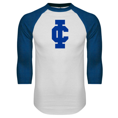  White/Royal Raglan Baseball T Shirt - IC Athletic Logo