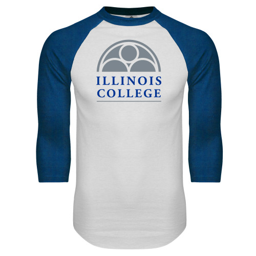  White/Royal Raglan Baseball T Shirt - Collegiate Logo Vertical