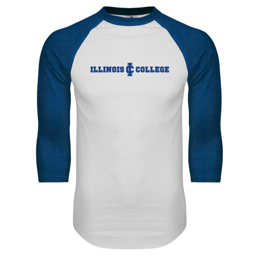  White/Royal Raglan Baseball T Shirt - Long Athletic Logo