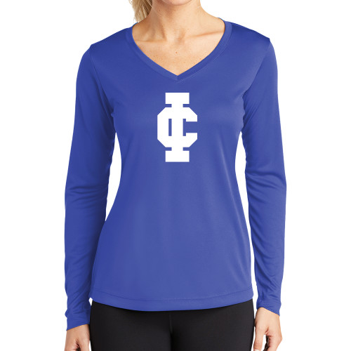  Womens Royal Performance Long Sleeve V Neck Shirt - IC Athletic Logo
