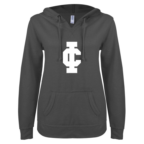  ENZA Womens Dark Heather V Notch Raw Edge Fleece Hoodie - IC Athletic Logo
