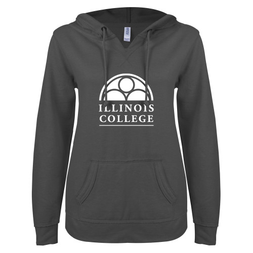  ENZA Womens Dark Heather V Notch Raw Edge Fleece Hoodie - Collegiate Logo Vertical
