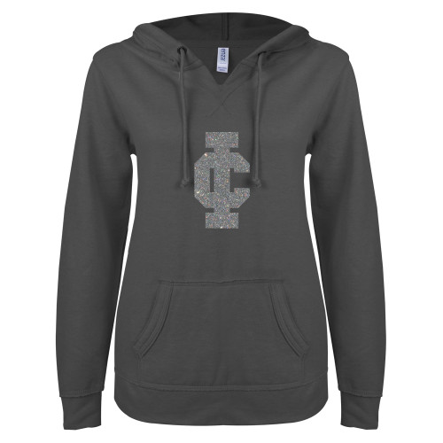  ENZA Womens Dark Heather V Notch Raw Edge Fleece Hoodie - A Silver Soft Glitter