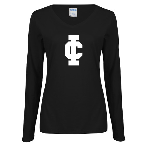  Womens Black Long Sleeve V Neck Tee  - IC Athletic Logo