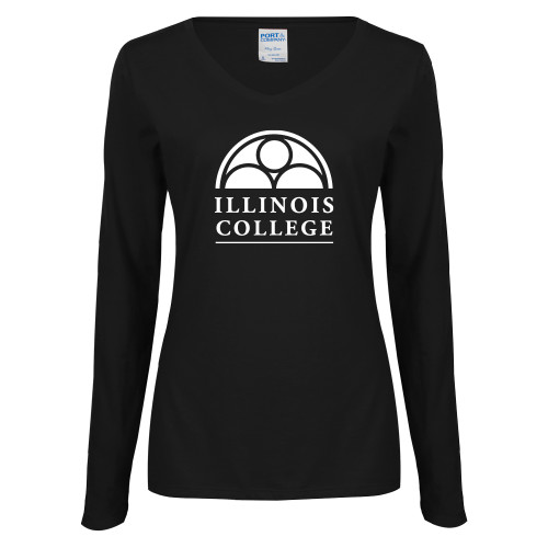  Womens Black Long Sleeve V Neck Tee  - Collegiate Logo Vertical