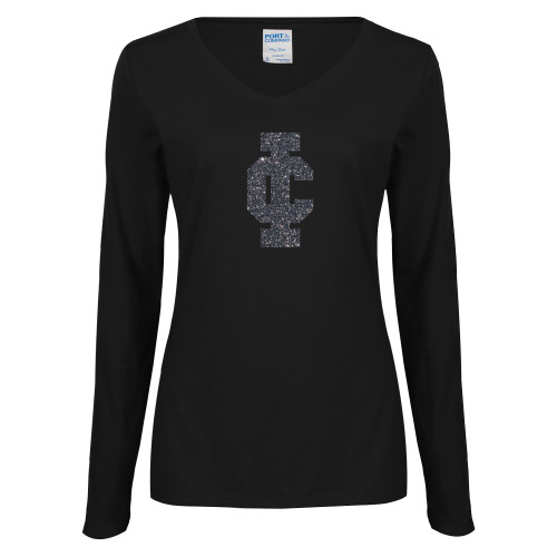  Womens Black Long Sleeve V Neck Tee  - F Graphite Soft Glitter
