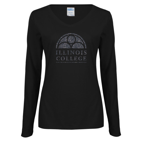  Womens Black Long Sleeve V Neck Tee  - F Graphite Soft Glitter