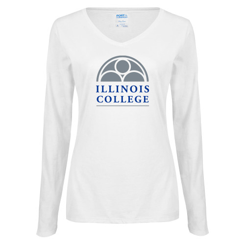  Womens White Long Sleeve V Neck Tee - Collegiate Logo Vertical
