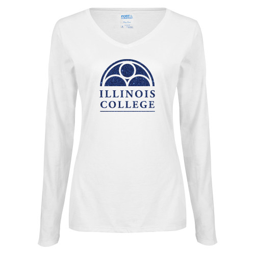  Womens White Long Sleeve V Neck Tee - H Dark Blue Glitter