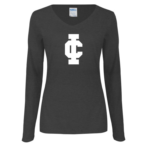  Womens Dark Heather Long Sleeve V Neck Tee  - IC Athletic Logo
