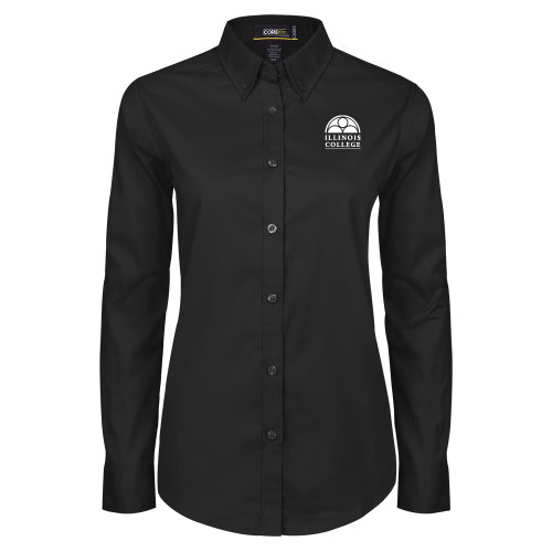  Womens Black Twill Button Down Long Sleeve  - Collegiate Logo Vertical