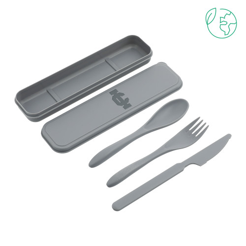  Bamboo Fiber Grey Cutlery Set - Long Athletic Logo Engraved